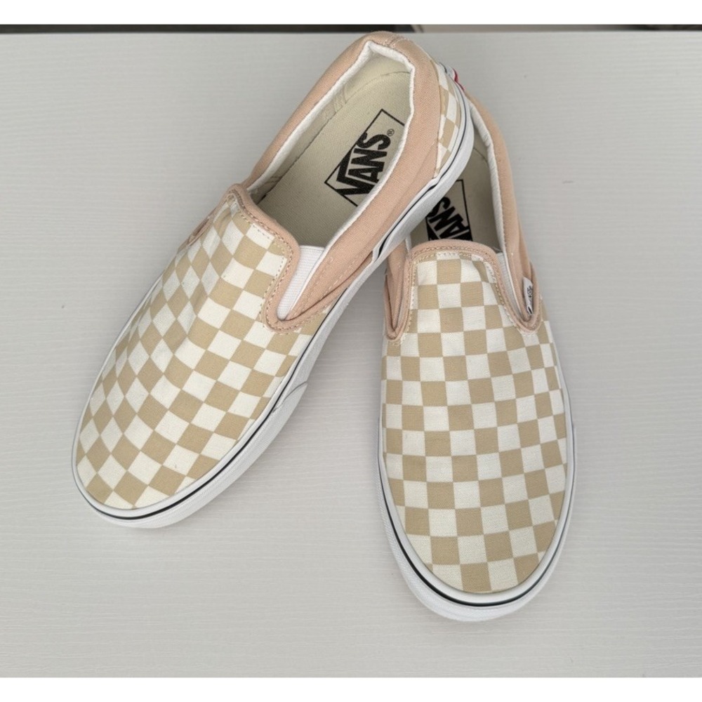 Vans Classic Slip-On Checkerboard Pink Beige Sneakers Men's 8 Women's 9.5